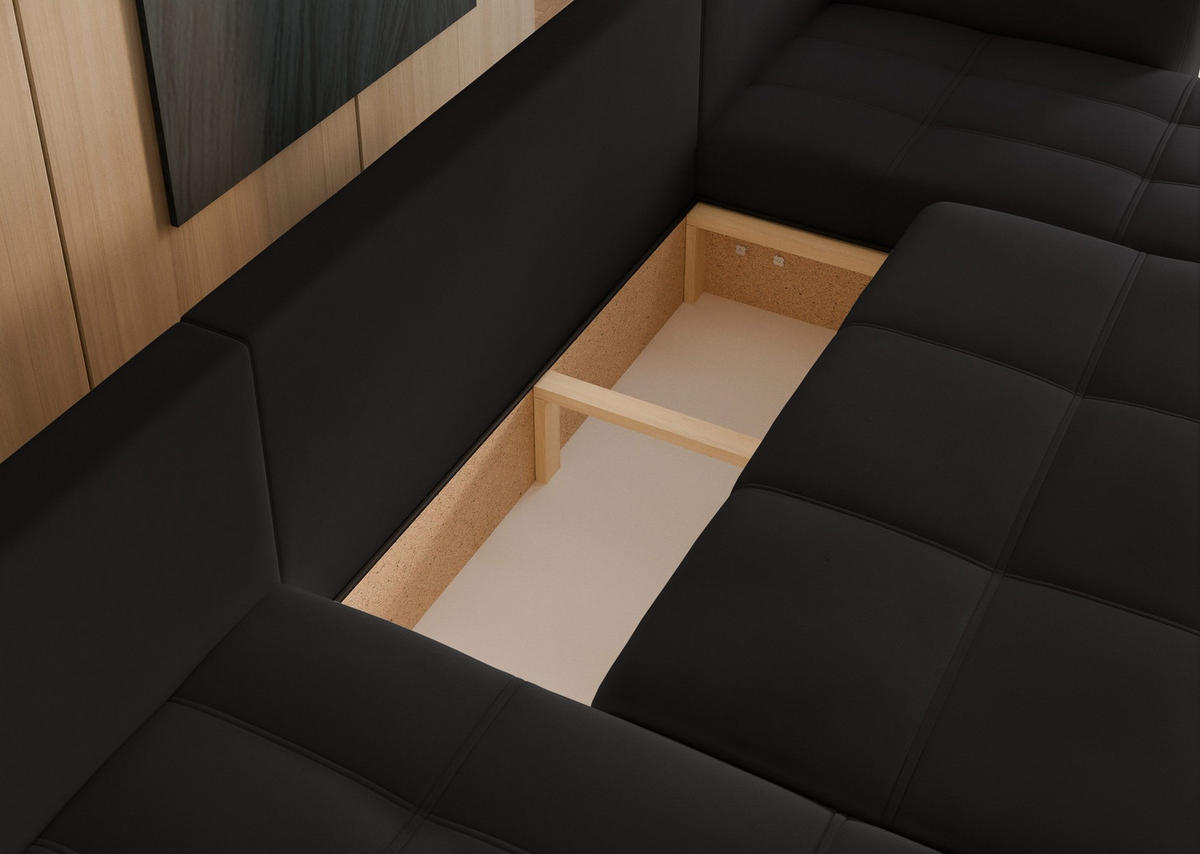 WOHNLANDSCHAFT U-Form Velours mit Bettkasten und Schlaffunktion - Schwarz, Holzwerkstoff/Textil (318/79/145cm) - Idohome