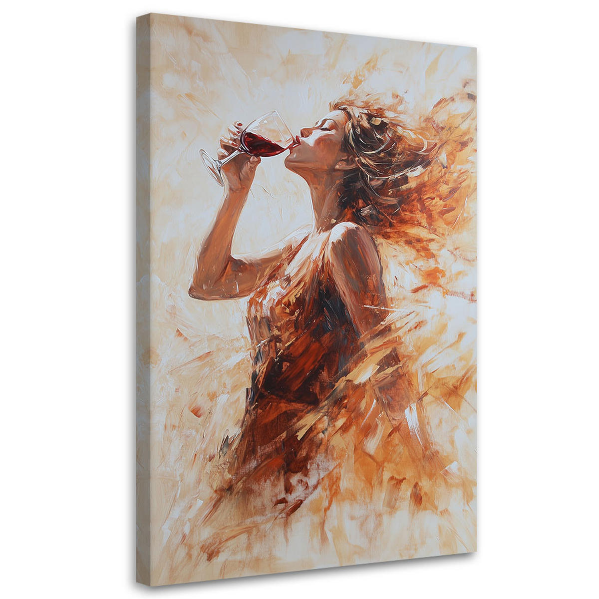 WANDBILD frau mit einem glas rotwein beige - Orange, Textil (80/120cm) - Feeby