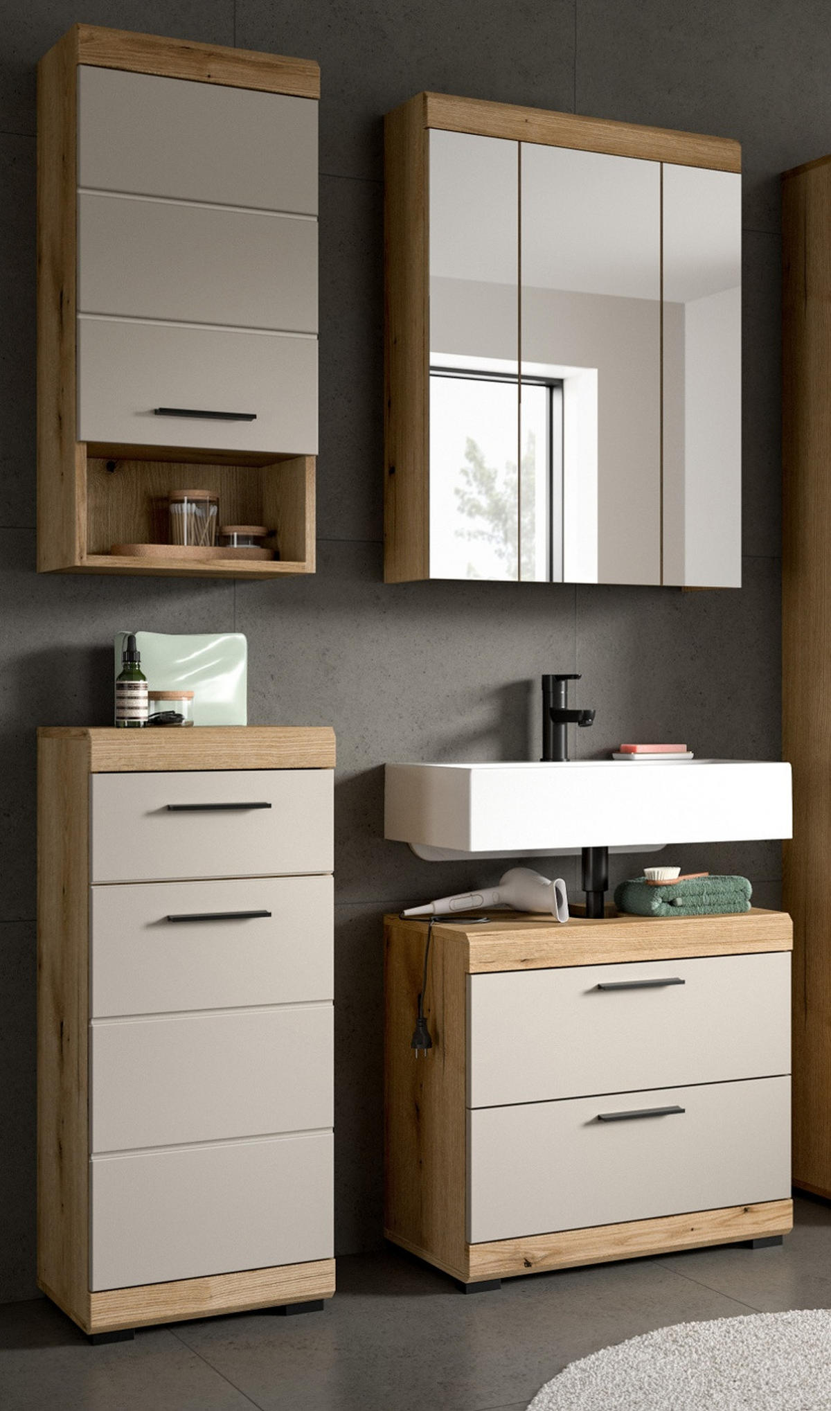 BADMÖBEL-SET Sand Kaschmir, Evoke Eiche 4-teilig, Badkombination 112 x 191 cm - Kaschmir/Eichefarben, Glas/Holzwerkstoff (112/191/34cm) - Inn.Furn