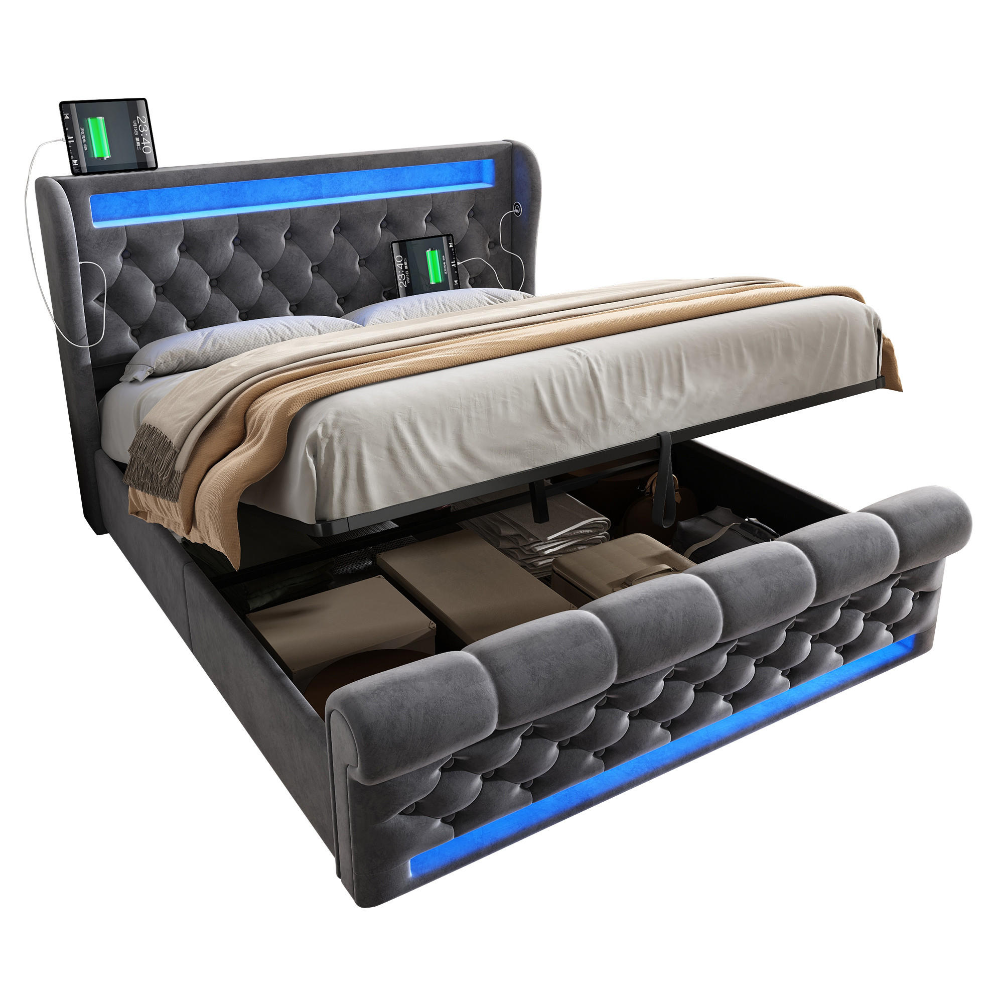 POLSTERBETT 160/200 cm mit LED-Beleuchtung, USB- und USB-C-Anschluss, hydraulischem Stauraum und Matratze, Grau - Grau, Textil (160/200cm) - Redom