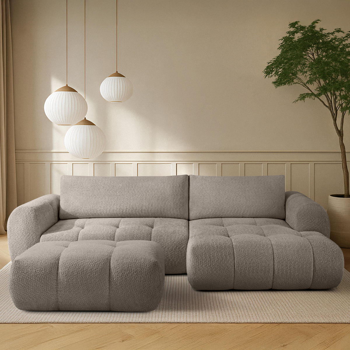 ECKSOFA MIT HOCKER LIRA, Grau, Bouclé - Grau, Holz/Holzwerkstoff (96/50cm) - KONSIMO®