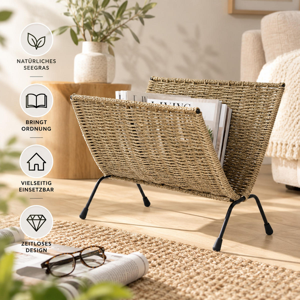 ZEITUNGSSTÄNDER Seegras, Metall schwarz - Braun, Naturmaterialien (37/33/22cm) - Homestyle4u