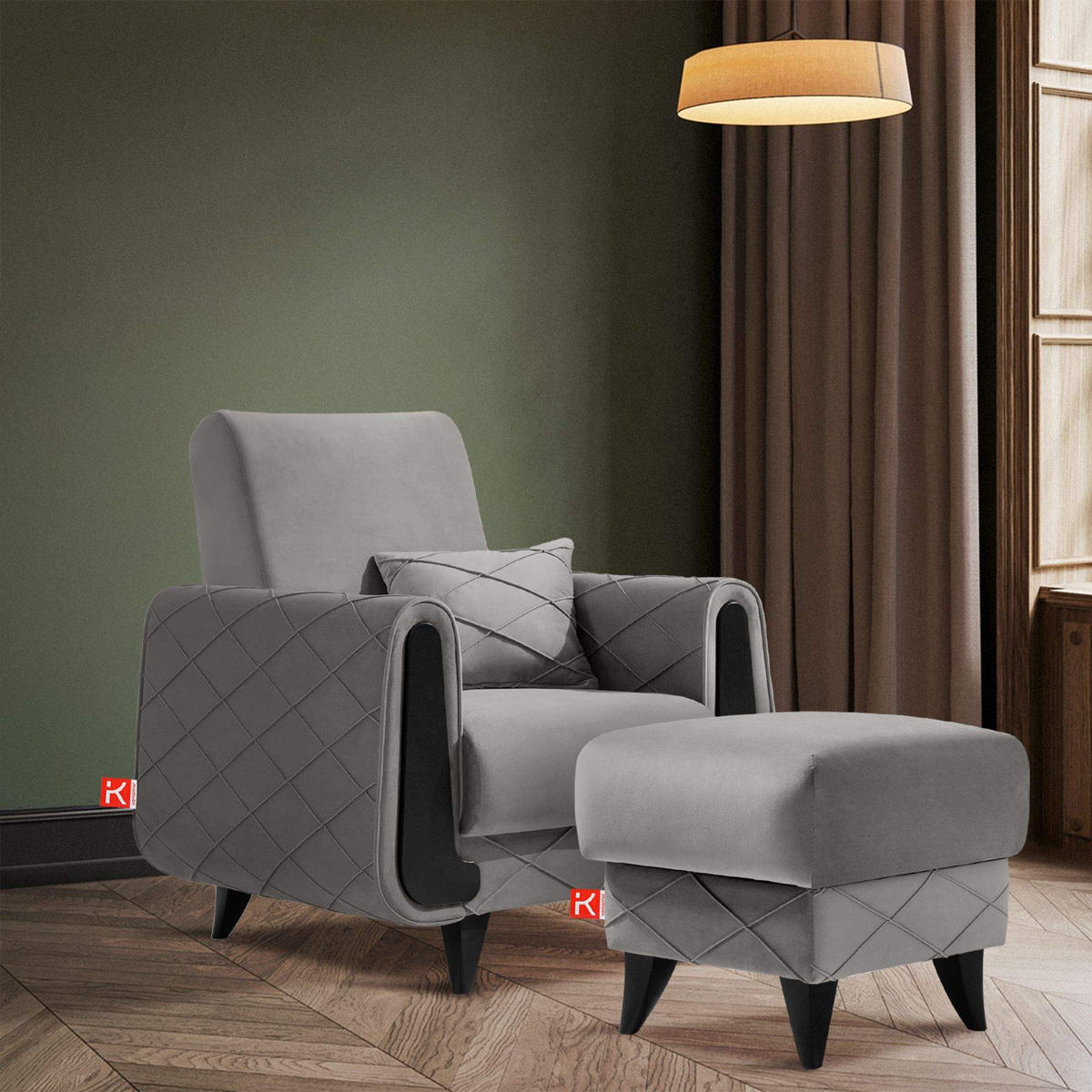 HOCKER GUSTAVO III Fußstütze, Velours, Hellgrau - Hellgrau, Holz/Holzwerkstoff (53/49/53cm) - KONSIMO®