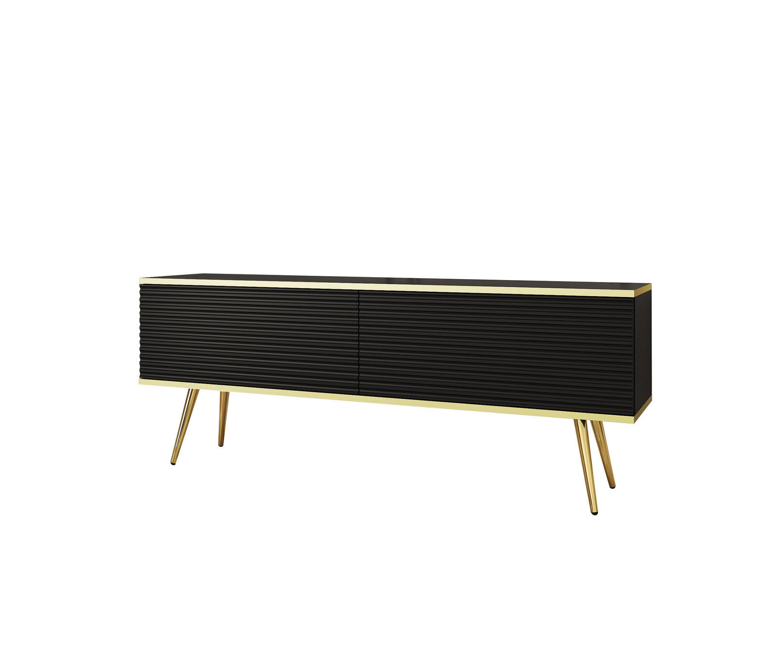 TV-BOARD FORNO (Schwarz, Rillenfront, Goldene Details, 2 Klapptüren, goldene Metallfüße, 135 cm) - Gelb/Goldfarben, Holz/Holzwerkstoff (135/53/32cm) - Ravio