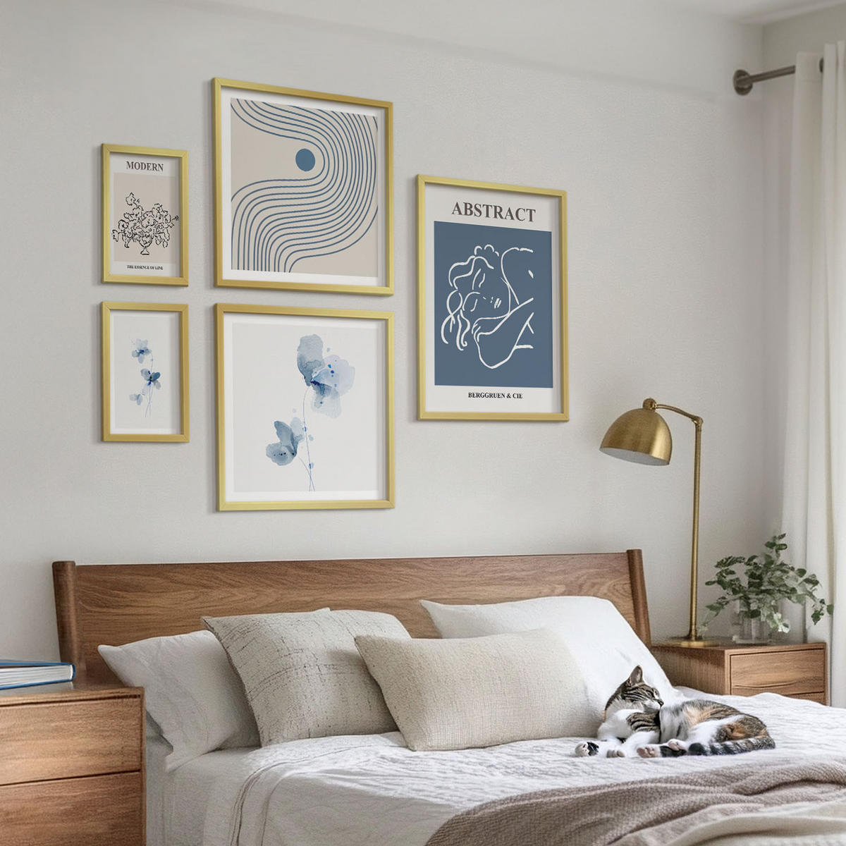 BILDER SET 5er Set - 50x50 cm & 20x30 cm & 40x60 cm Goldrahmen - abstrakte Poster mit Blumenlinien - Goldfarben, Kunststoff (40/60cm) - TULUP