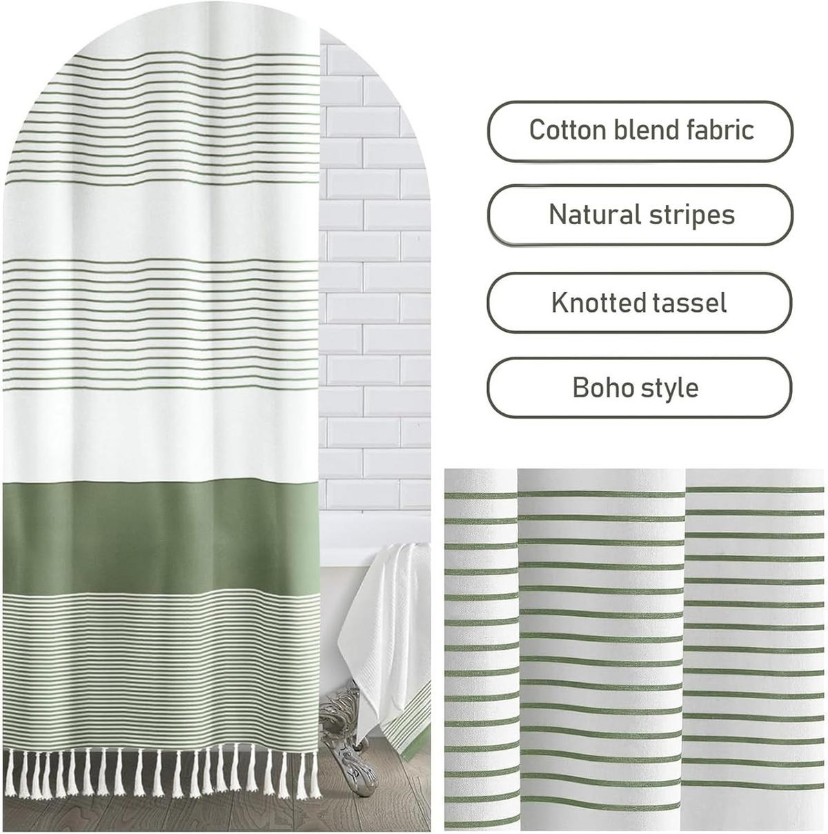 DUSCHVORHANG Boho Grün fürs Badezimmer gestreift Leinen rustikal - Grün, Textil (183/183cm) - MCBOSON