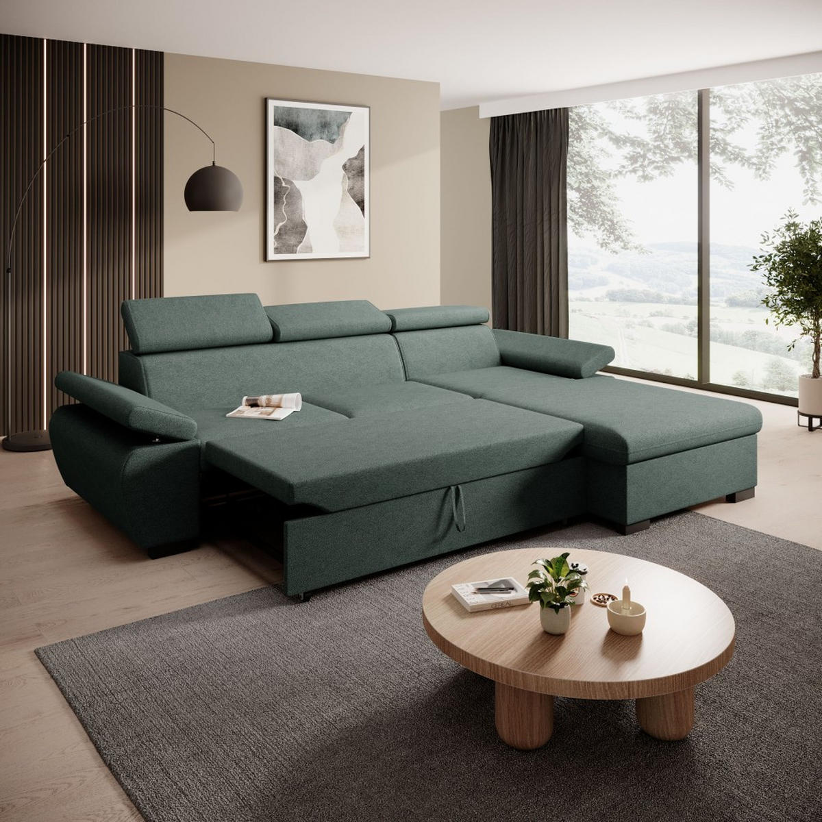 ECKSCHLAFSOFA Coco mit verstellbare Kopfstützen, dunkelgrün, rechts - Dunkelgrün, Textil (273/191cm) - Beautysofa