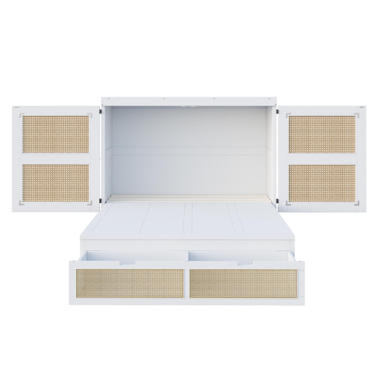 SCHRANKBETT aus Kiefer, Sperrholz und MDF 140x200 cm Weiß mit Lattenrost, Schubladen und Rattan-Design - Weiß, Holzwerkstoff (140/200cm) - Modfu