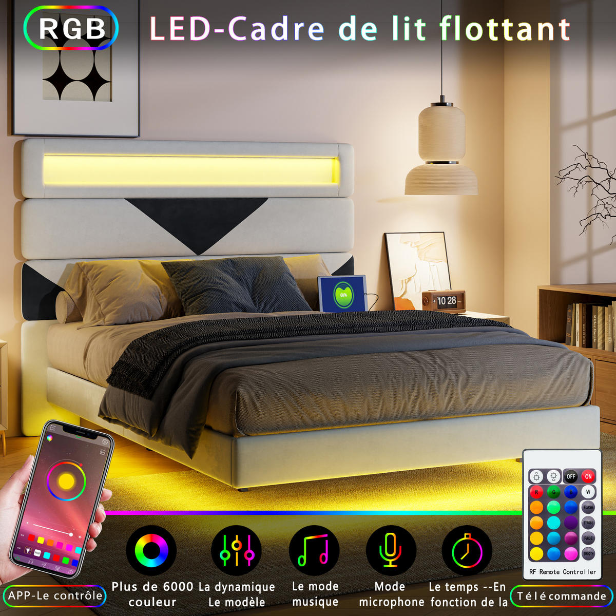 POLSTERBETT 160x200 cm schwebend LED USB Lattenrost Samt weiß - Weiß, Holz (160/200cm) - LEBENLANG