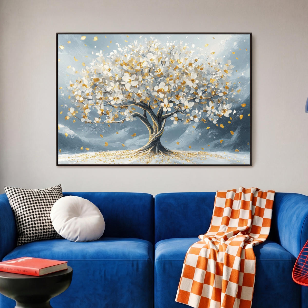 LEINWAND Bilder mit Rahmen - Baum - Winter - Baum des Lebens - Modern - Gold - 90x60 - Goldfarben, Textil (90/60cm) - MuchoWow