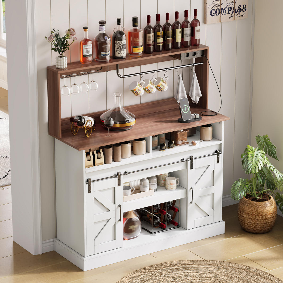 BUFFET mit Steckdosen 120 x 40 x 130 cm MDF Weiß/Natur - Weiß, Holzwerkstoff (40/130/120cm) - Meubliv