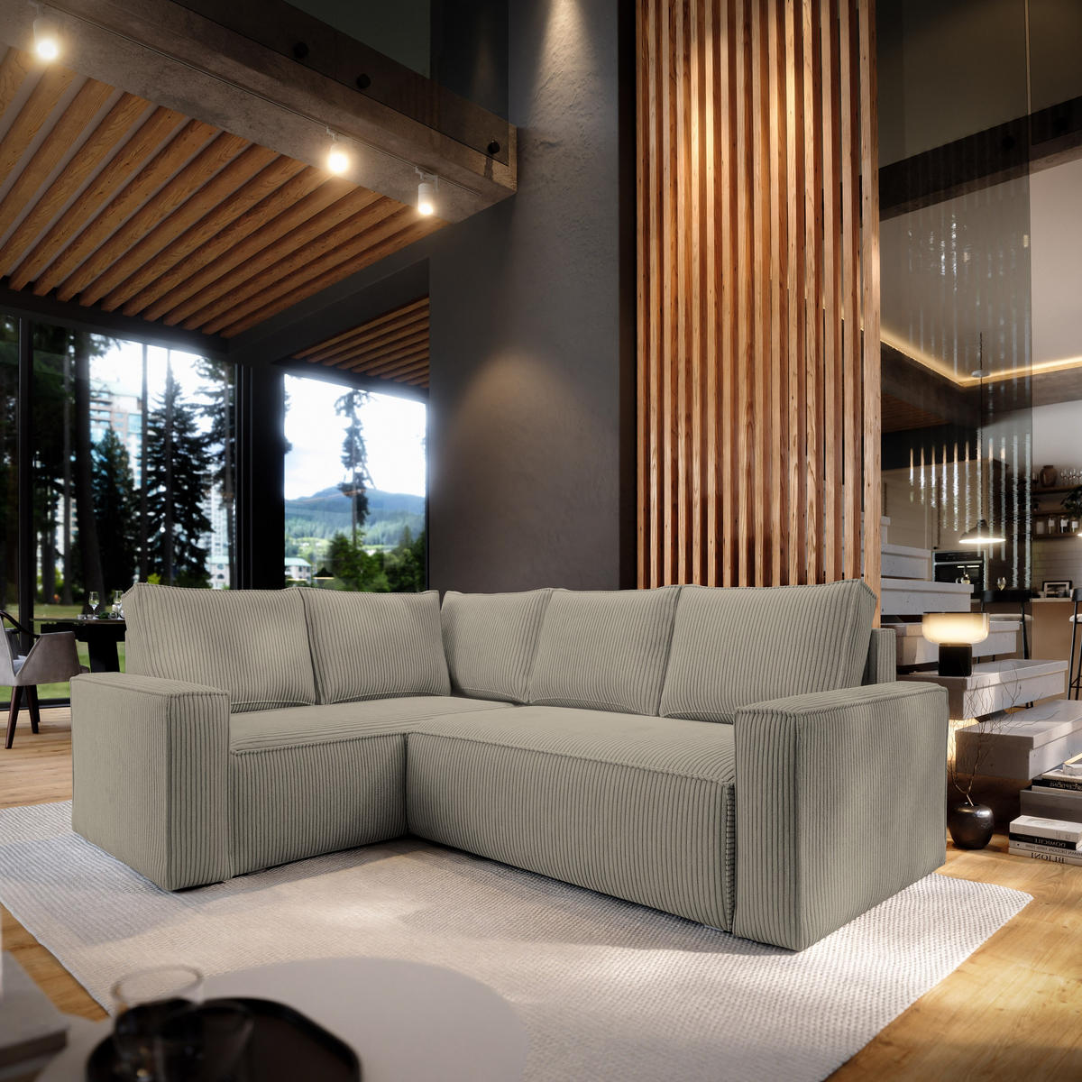 ECKSOFA ESTANO L-S Beige Kordstoff mit Schlaffunktion - Beige, Holz (230/158cm) - MASSENO