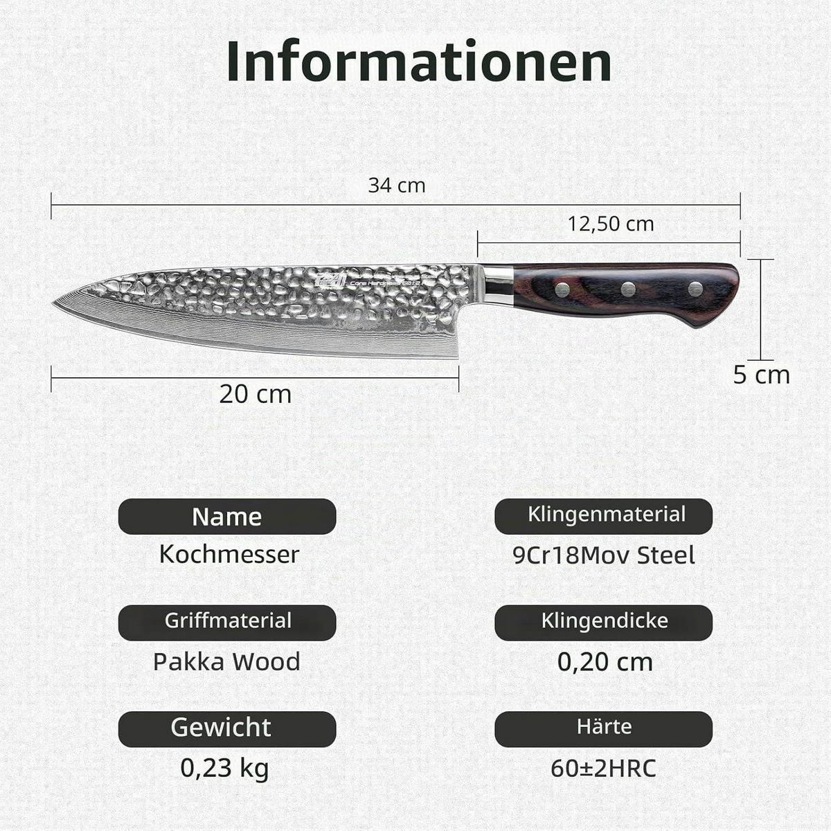 KOCHMESSER Damaststahl 20 cm gehämmerte Klinge Pakkaholzgriff - Schwarz, Metall (34cm)