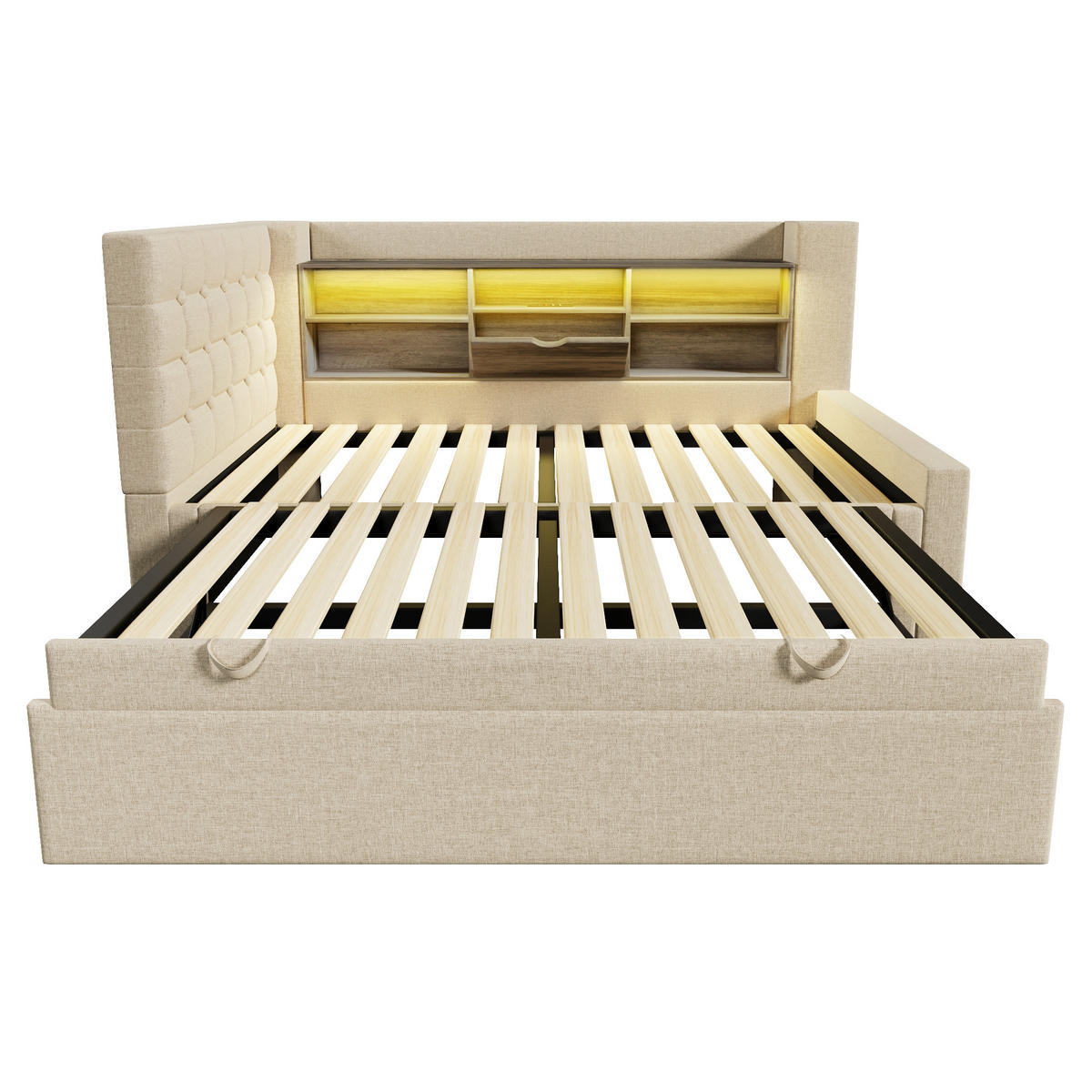 POLSTERBETT 90/200 cm aus Leinen mit Ausziehbett 90/190 cm, LED, USB-C, Stauraum und L-förmigem Kopfteil, Beige - Beige, Textil (90/200cm) - Redom