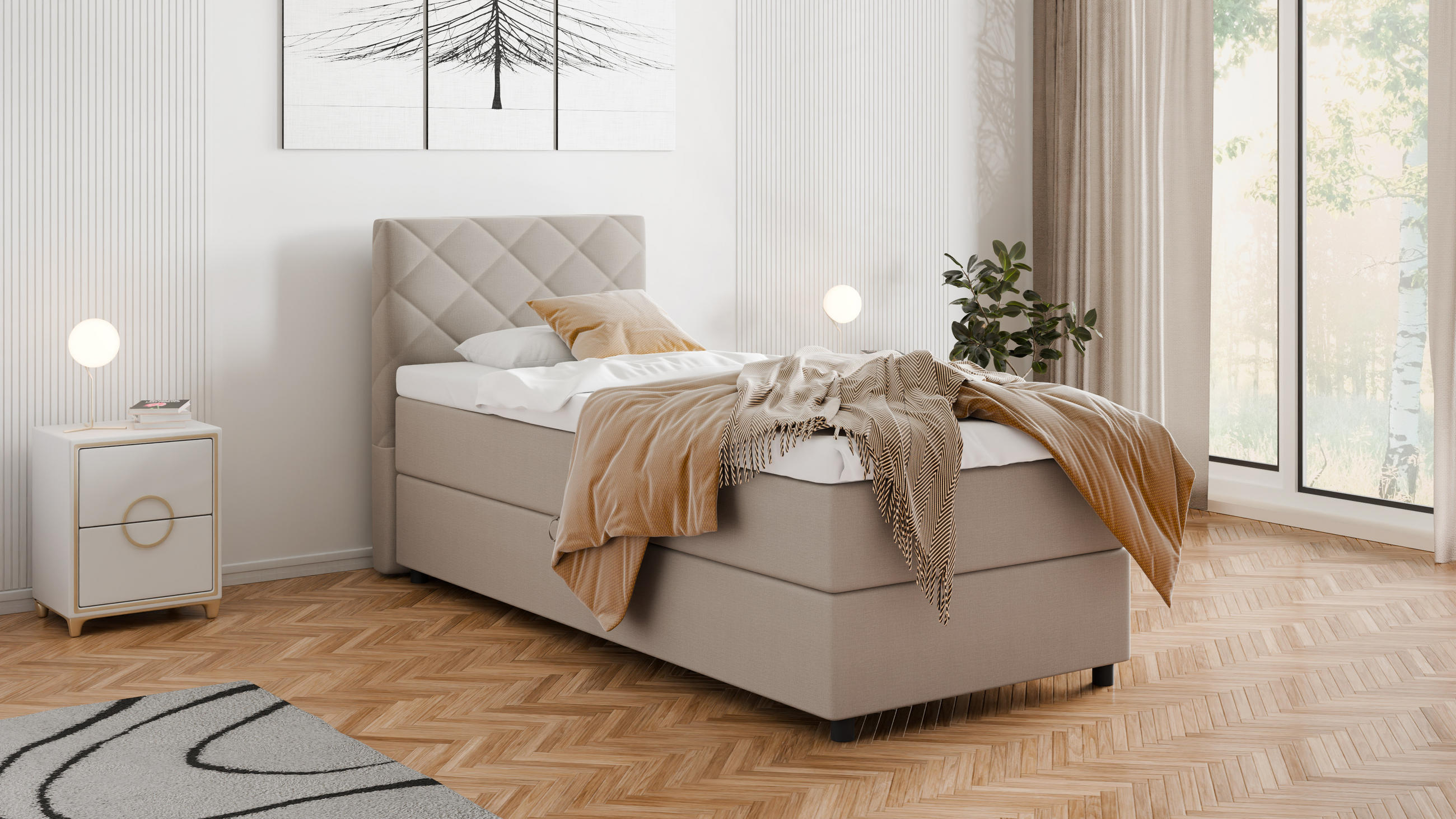 BOXBETT Diamaro 90x200 cm mit Bettkasten und Topper - Dunkelbeige - Beige, Holz (90/200cm) - Panda Möbel