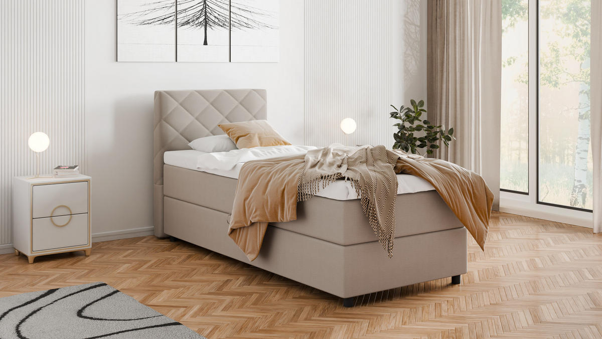 BOXBETT Diamaro 90x200 cm mit Bettkasten und Topper - Dunkelbeige - Beige, Holz (90/200cm) - Panda Möbel