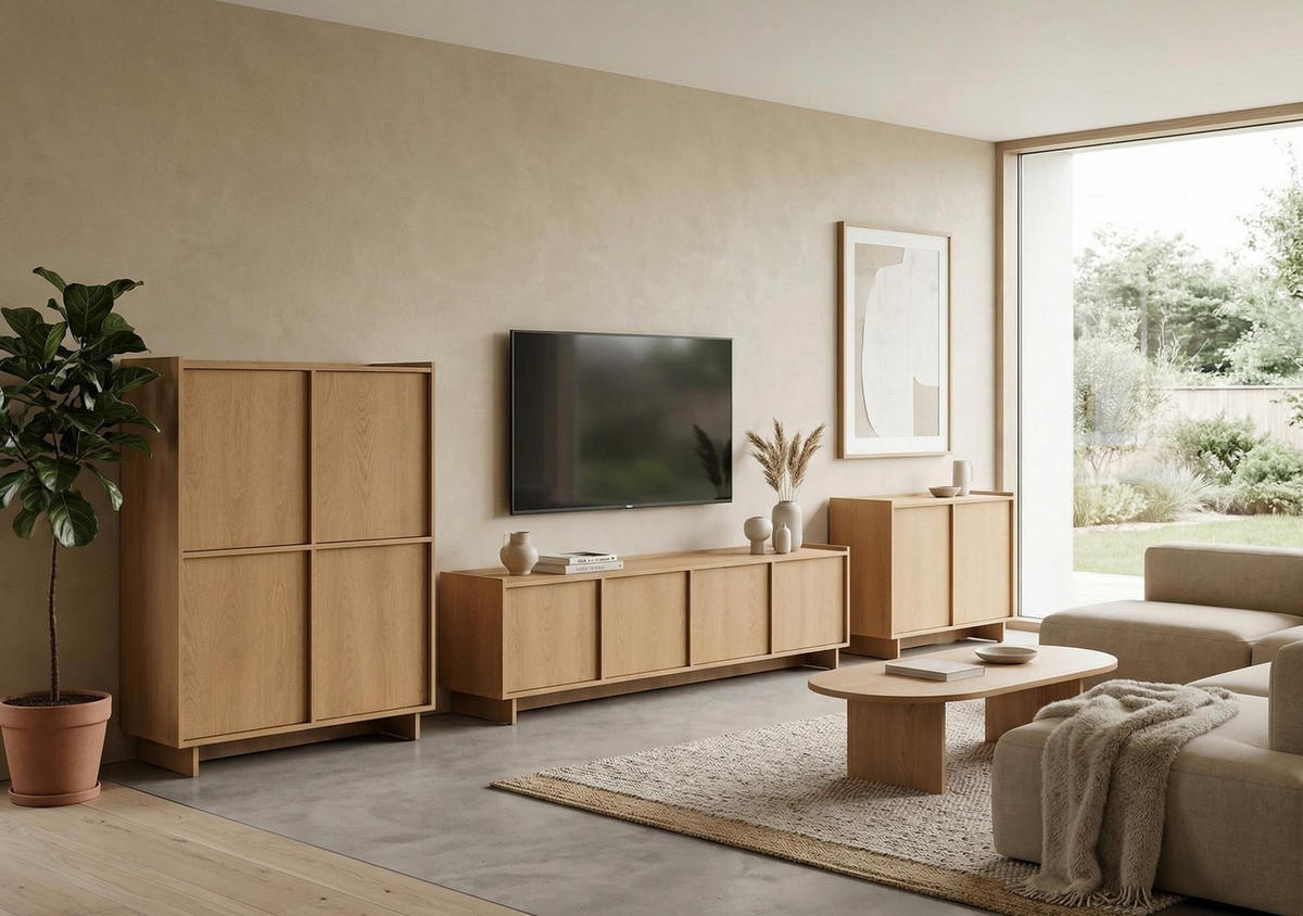 SUNA Highboard Japandi Design Kommode Eiche Caramel grifflos 124 cm hoch - Braun, Holzwerkstoff (98/124/39cm) - Bettso