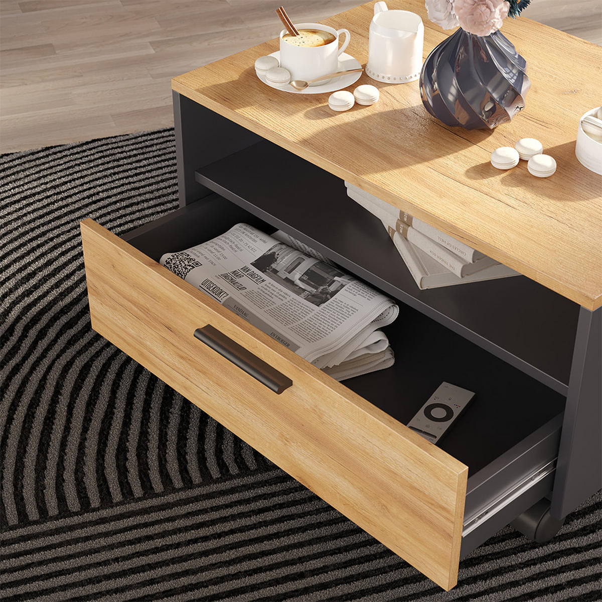 COUCHTISCH Bibo Anthrazit/Goldkraft Eiche 70 x 52.4 cm - Anthrazit/Eiche Wotan, Holzwerkstoff (52.4/70/40cm) - Vicco