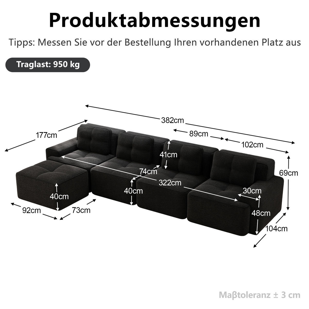 ECKSOFA 382/177/69 cm Schwarz Cord mit Ottoman - Schwarz, Textil (382/177cm) - Oxeza