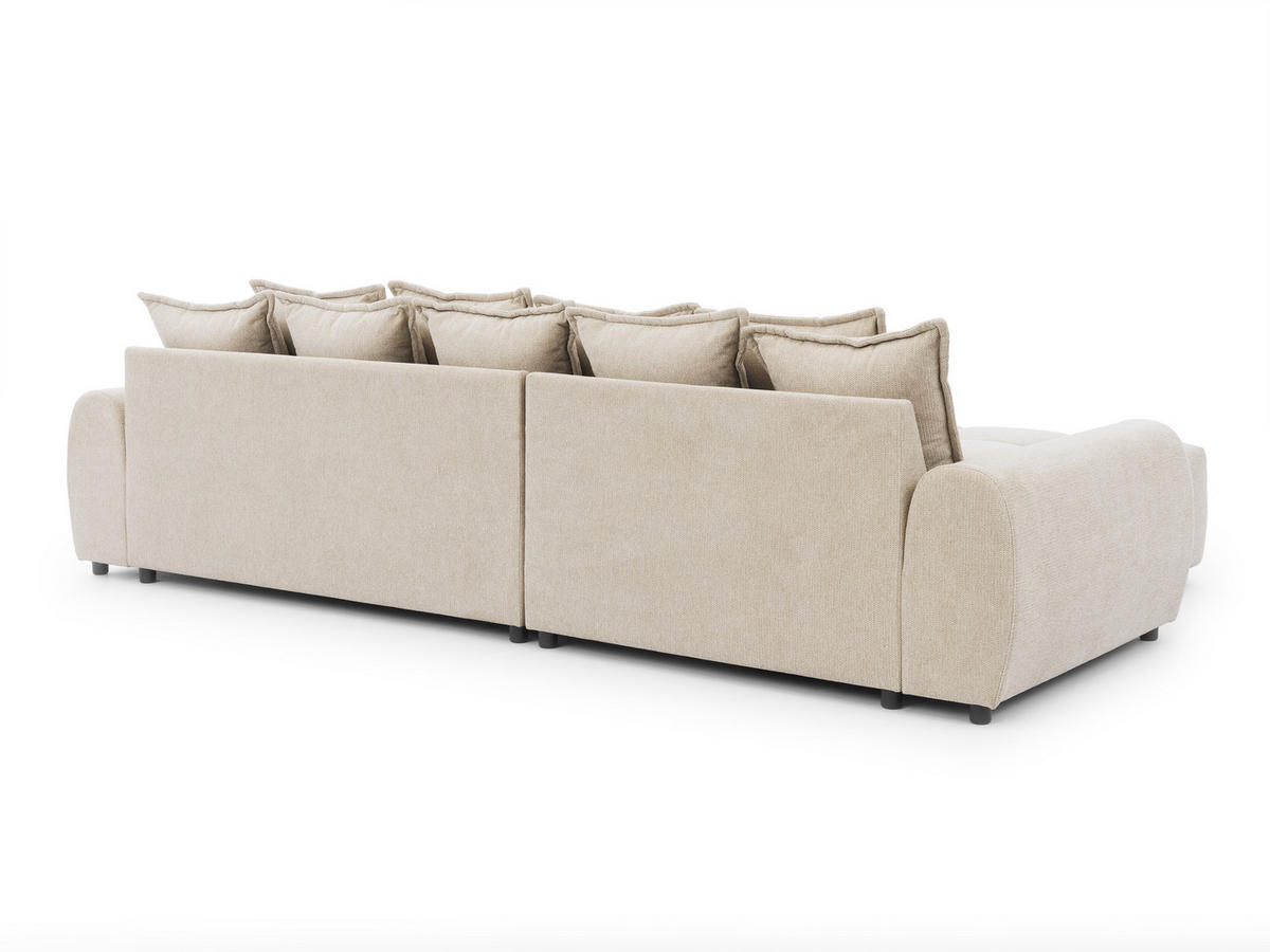 ECKSOFA Bubble mit losen Rückenkissen und Sitzfläche in Bubble-Optik aus weichem Hellbeige Strukturstoff mit schöner Sitzkomfort - Ottomane links - Beige/Schwarz, Holz/Kunststoff (180/306cm) - S-Style Möbel