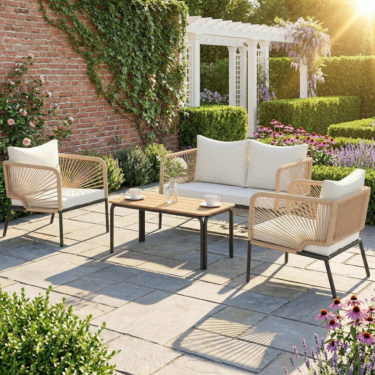 BALKONMÖBEL-SET 4er Set Metall PE-Rattan Weiß - Schwarz/Weiß, Textil/Metall - Outsunny