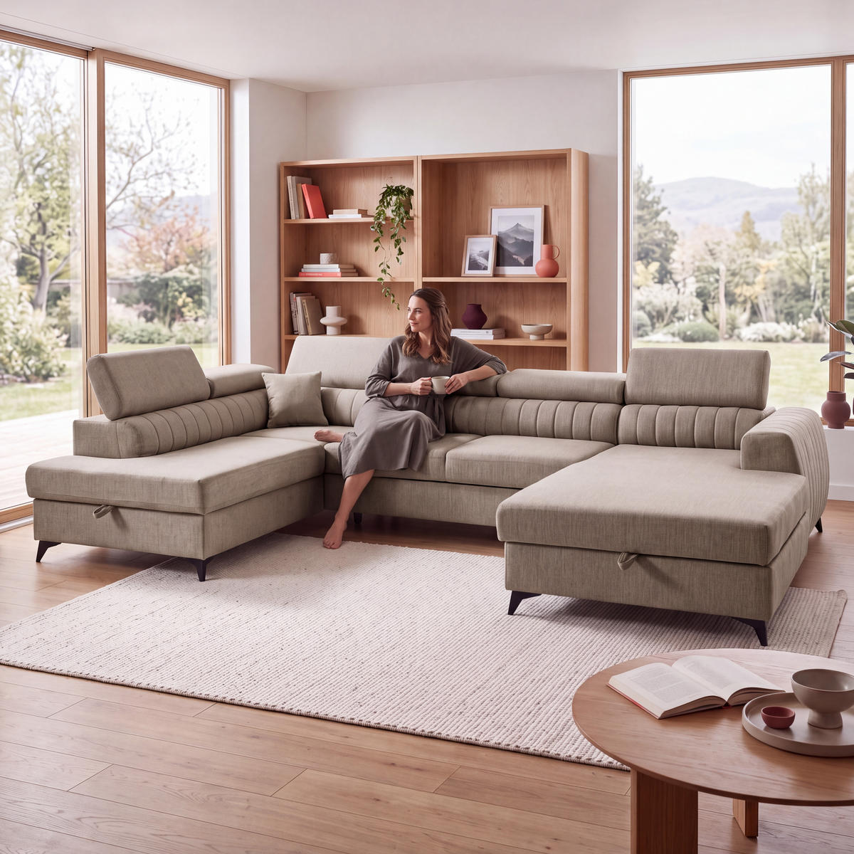 ECKSOFA U-Form PIERO U Links mit Schlaffunktion 125x260 Velours Beige - Beige/Schwarz, Holz/Textil (350/90/203cm) - Muffo