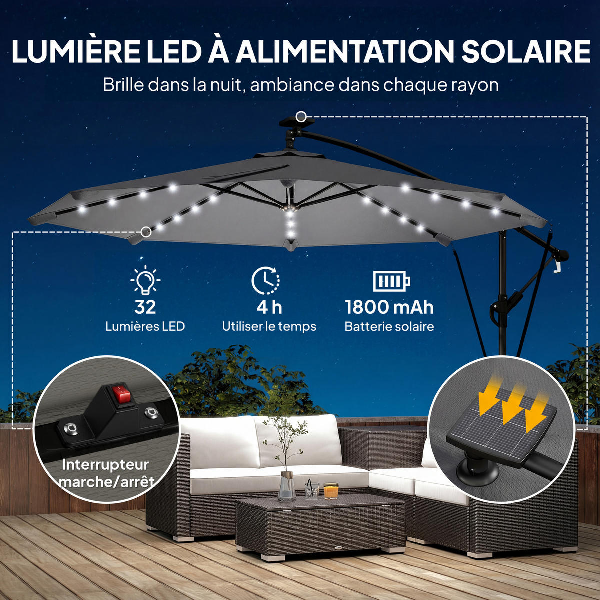AMPELSCHIRM Ø295 cm DE-11587 mit Solar-LED & UV50+ Grau - Dunkelgrau, Metall (295/330cm) - ComfortXL