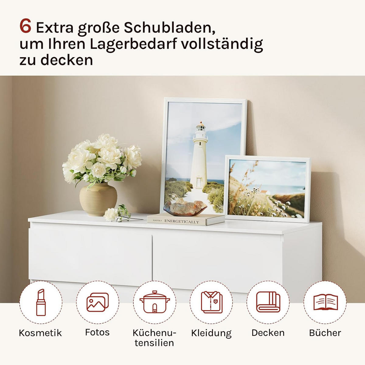 KOMMODE 6 Schubladen Holzwerkstoff 100/36/69 cm Weiß - Weiß, Holzwerkstoff (100/69/36cm) - Woltu