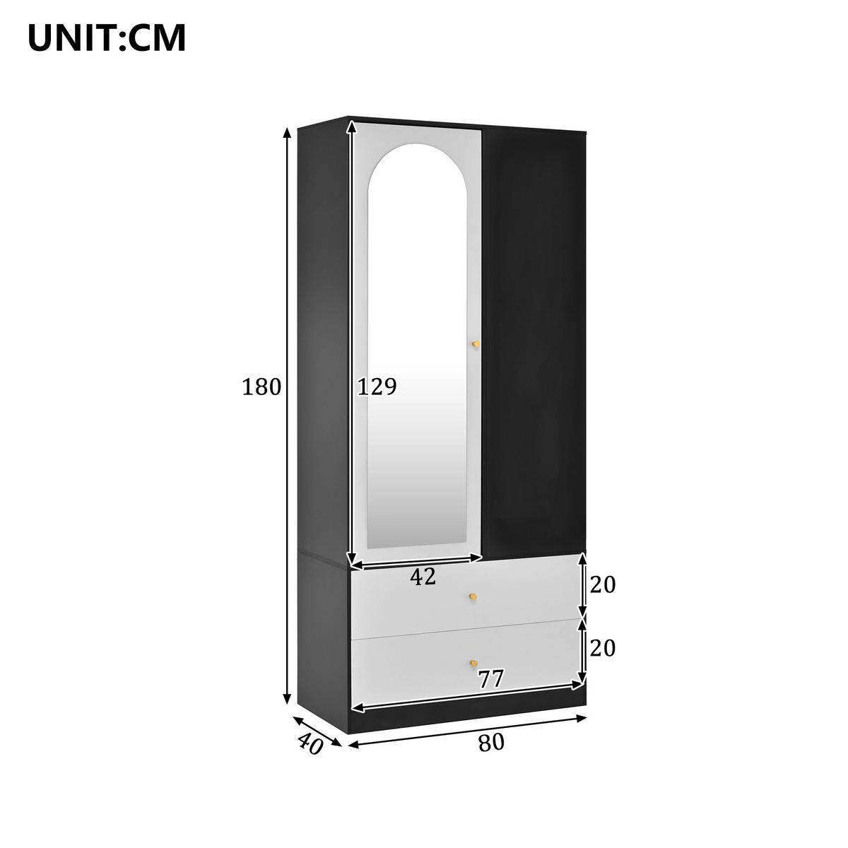 KLEIDERSCHRANK mit Spiegel Weiß Schwarz 80x40x180cm - Multicolor, Holzwerkstoff (40/180/80cm) - FLIEKS