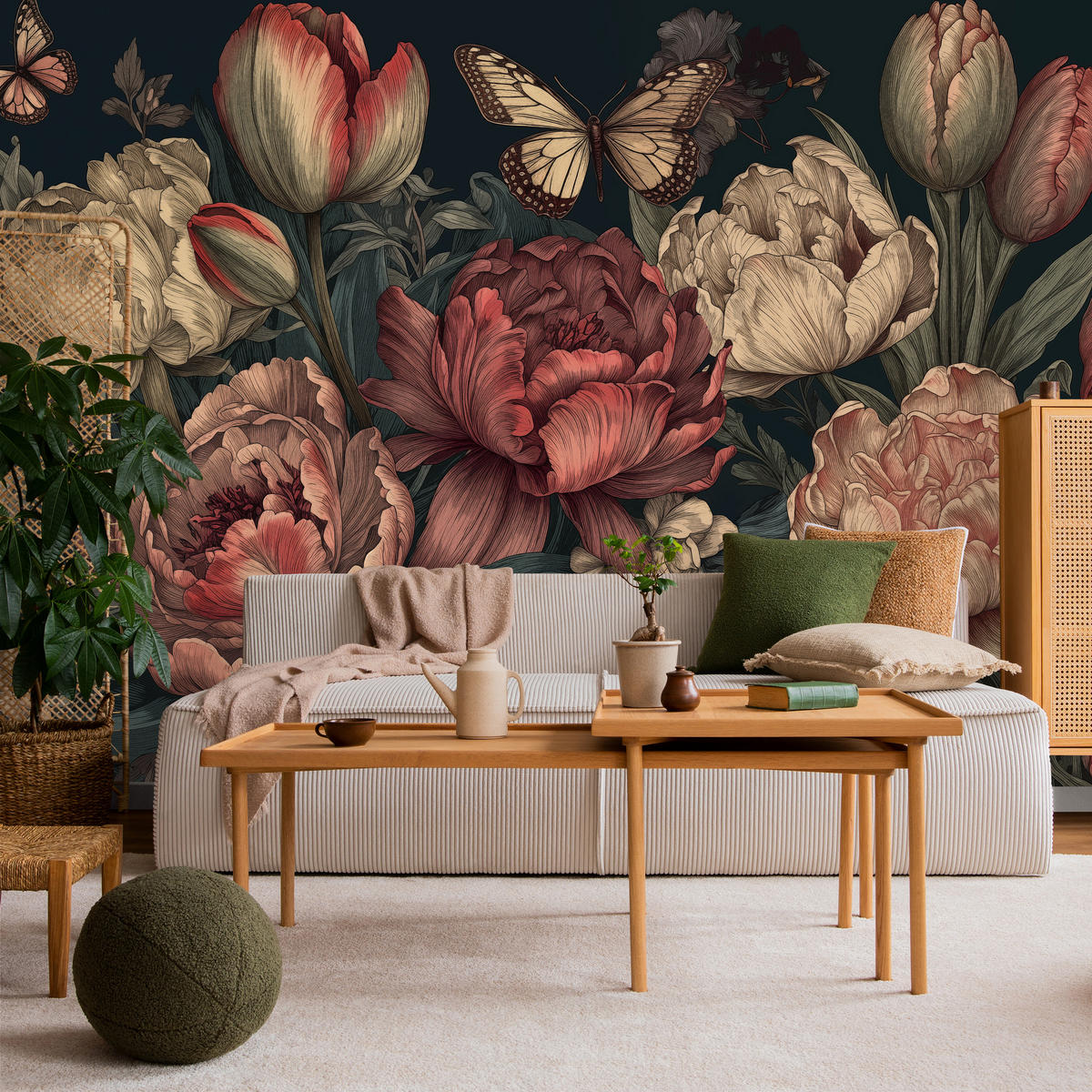 FOTOTAPETE für Schlafzimmer Pfingstrosen Tulpen Vintage Blumen Rosa Natur 350x256 - Gelb/Beige, Papier (350/256cm) - Muralo