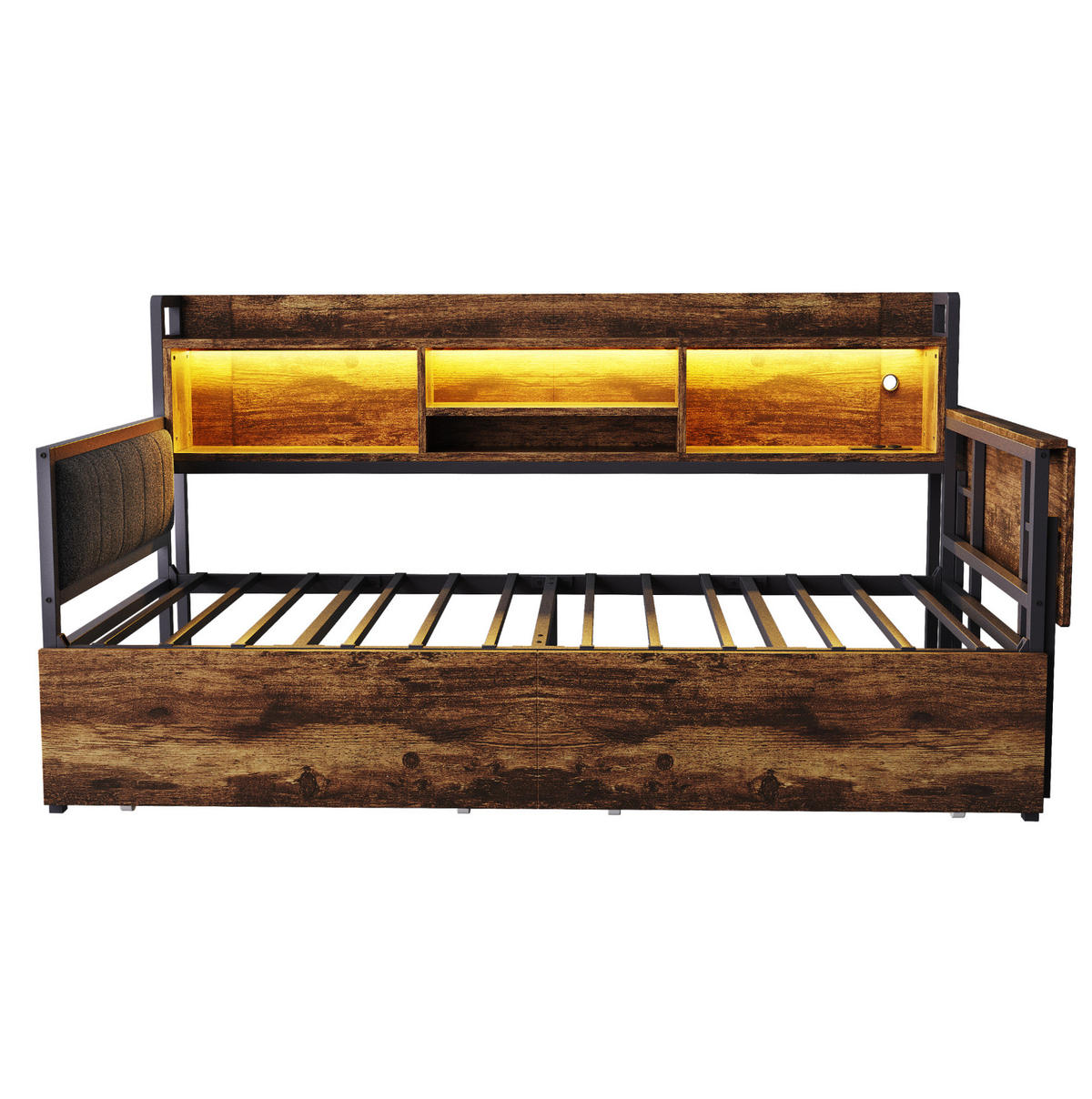MULTIFUNKTIONSBETT aus Metall 90x200 cm Weiß/Holzfarbe mit LED, Steckdose, ausziehbarem Schreibtisch und 2 Schubladen - Naturfarben, Metall (90/200cm) - Modfu