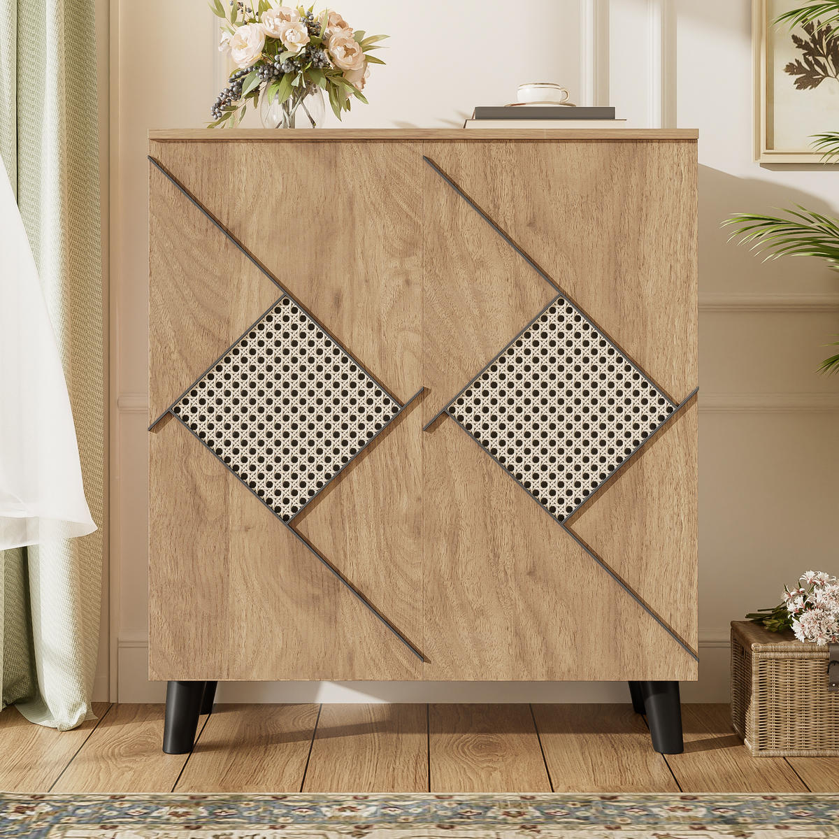 SCHUHSCHRANK in Naturfarben Schuhkommode mit Rattanmuster, 2 Türen und Ablagefläche für Eingangsbereich, B80/T32/H91cm - Schwarz/Naturfarben, Holzwerkstoff/Metall (80/91/32cm) - STILVORA