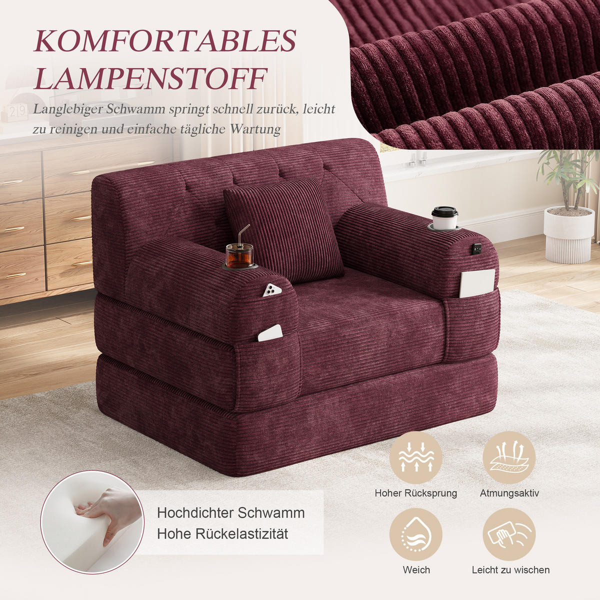 SCHLAFSESSEL Cord komprimiert, DE-42543, Weinrot - Weinrot, Metall (107/81/80cm) - ComfortXL