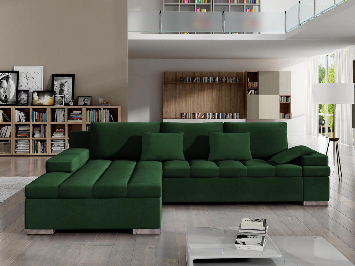 ECKSOFA Bangkok, Seite: Links - Waldgrün/Silberfarben, Holz/Textil (310/175cm) - MIRJAN24