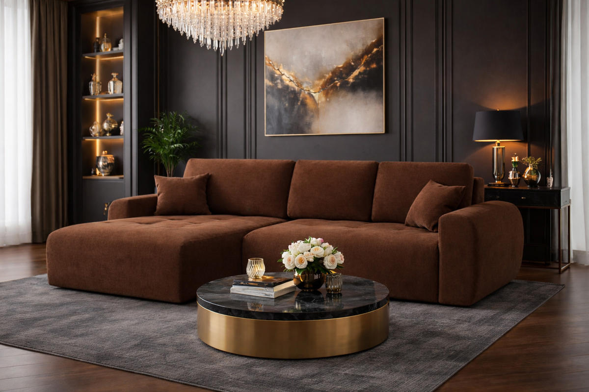 ECKSOFA Mit Schlaffunktion Und Bettkasten L-Form Ivo L, Veloursstoff Salvador, Dunkelbraun, Links - Dunkelbraun, Holz (250/142cm) - Kaiser Möbel