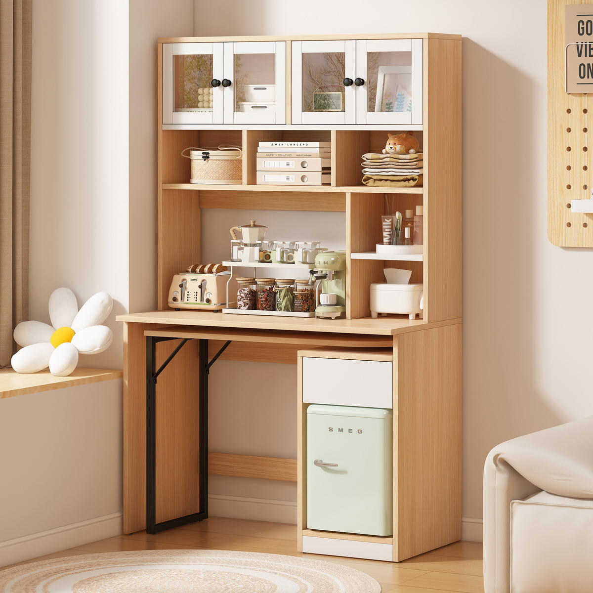 SCHRANKSCHREIBTISCH ARBEITSTISCH in Naturfarben Computertisch Schreibtisch mit Regal Schrank, Stauraum ,B110/T55/H180cm - Transparent/Naturfarben, Holzwerkstoff (55/110/180cm) - STILVORA