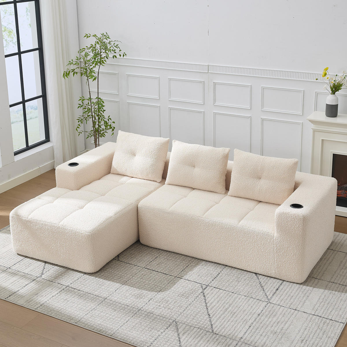 ECKSOFA 5-Sitzer Polyester Beige mit Becherhaltern - Beige, Textil (258/163cm) - WISHDOR