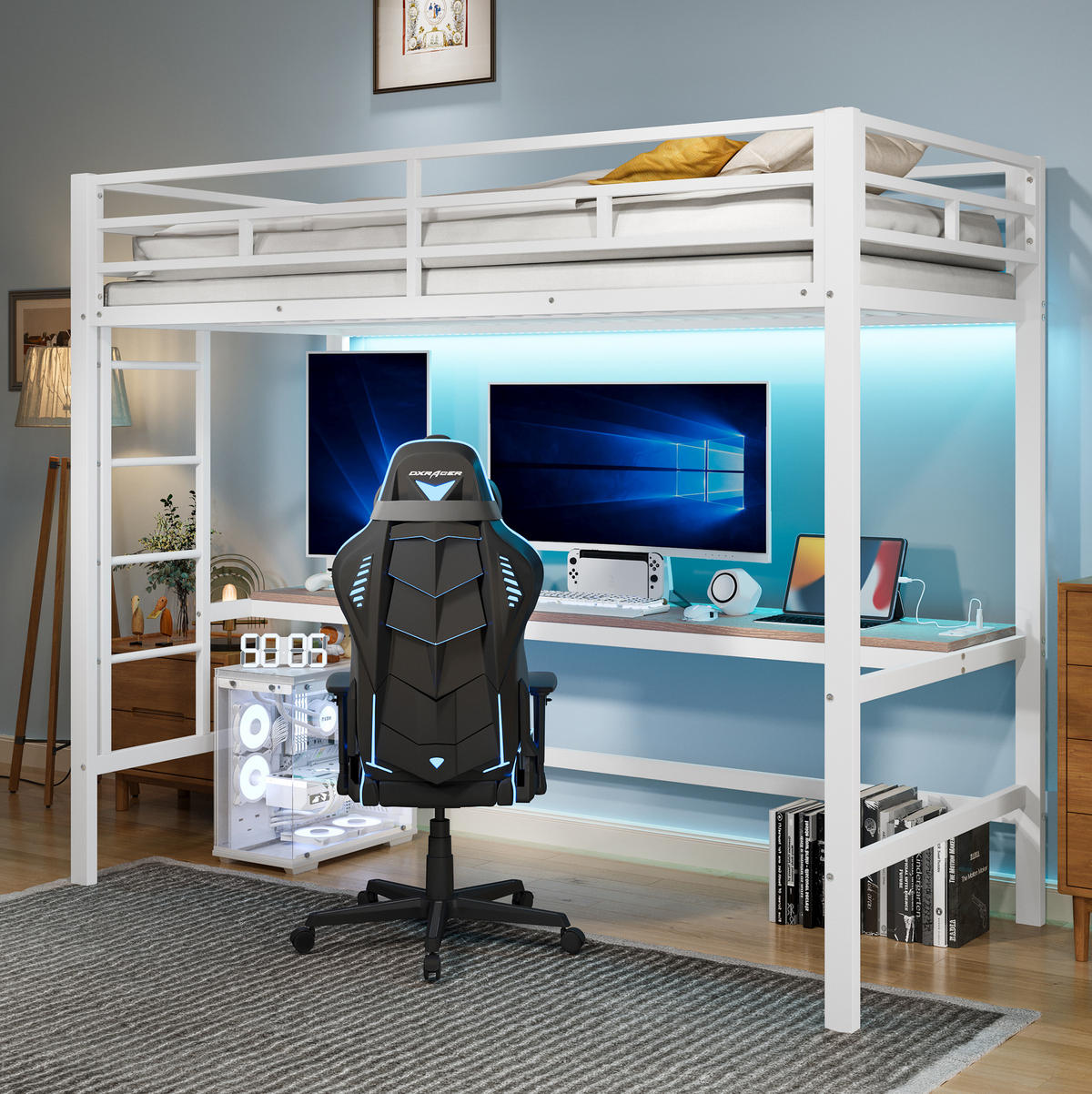 HOCHBETT 90/200 cm mit Geländer Tisch und USB-Anschlüssen mit Matratze - Weiß, Metall (90/200cm) - OKWISH