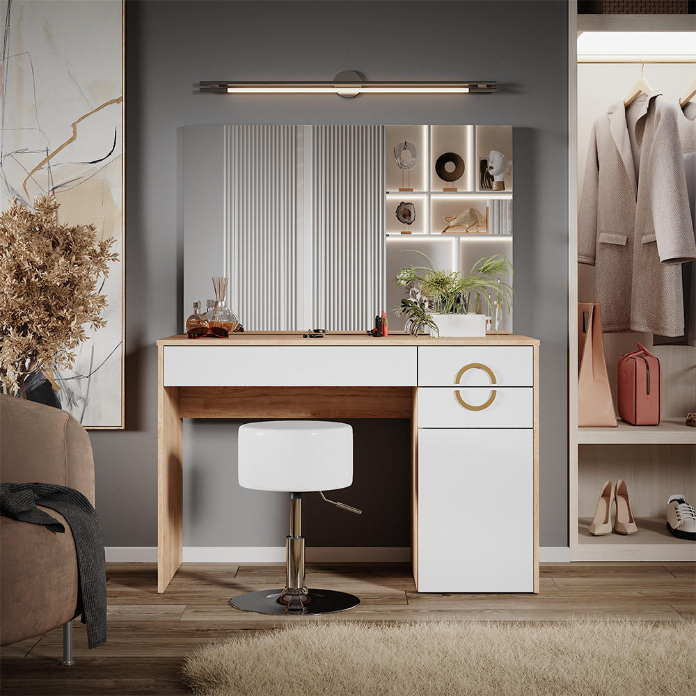 SCHMINKTISCH Adela Natural Rockford Hickory 115 cm mit Hocker - Weiß/Sonoma Eiche, Holzwerkstoff (115/76.4/55cm) - Vicco