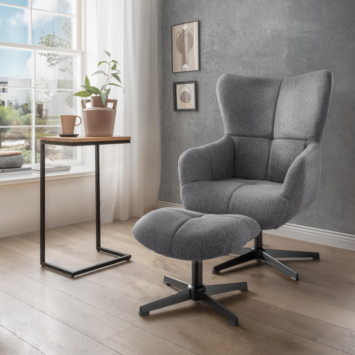 OHRENSESSEL-SET Sava inkl. Fußhocker - drehbar - grau - Schwarz/Grau, Textil/Metall (87/104/74cm) - bene living