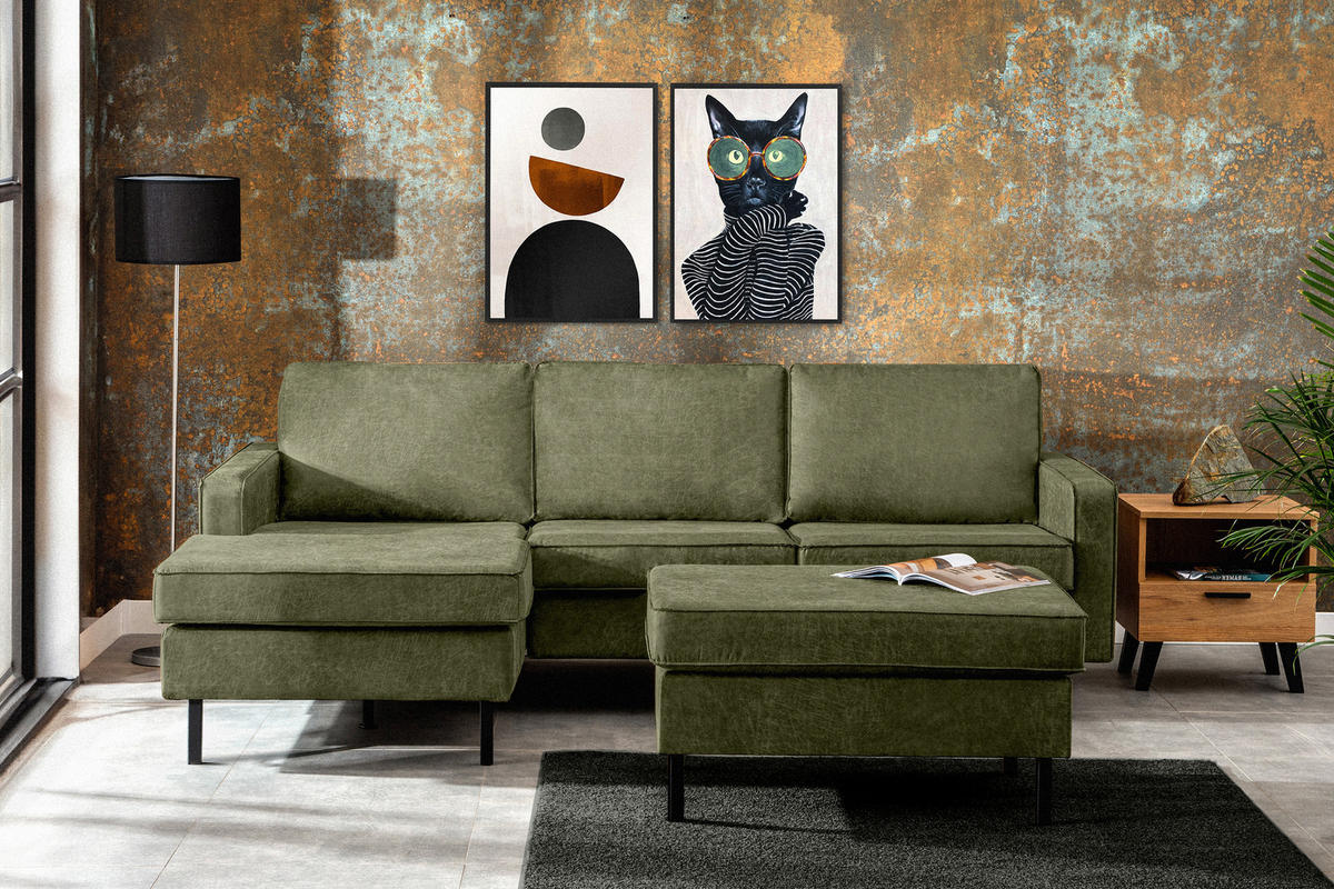 ECKSOFA-LINKS INVIA mit Armlehnen vintage, Lederoptik-Stoff, grün - Schwarz/Grün, Textil (234/160cm) - KONSIMO®