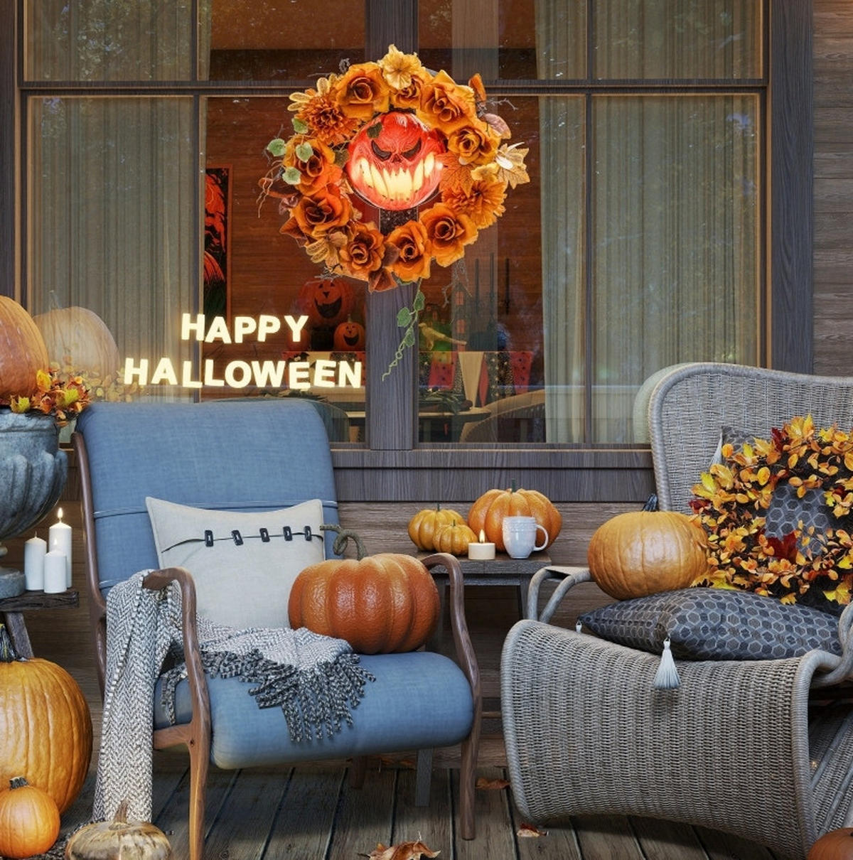 HALLOWEEN-DEKORATION 44/9/44 cm orange aus Stahl mit 44 LEDs - Orange, Metall (9/44/44cm) - OKWISH