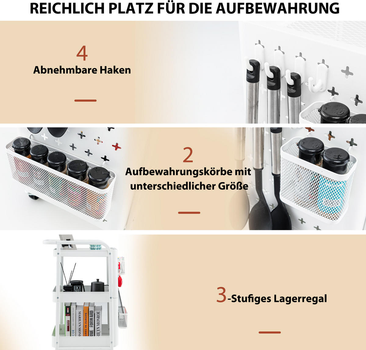 KUCHENWAGEN Rollwagen 4 Etagen Weiß - Weiß, Metall (33/75/52cm) - COSTWAY