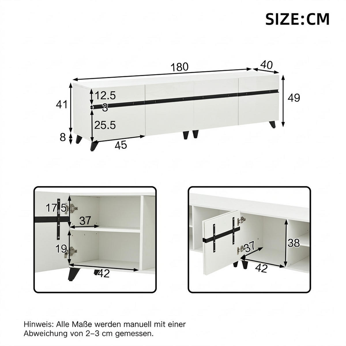 TV-SCHRANK 180/40/49 cm Weiß Hochglanz mit 4 Schränken für 80 Zoll TV - Weiß, Holzwerkstoff (180/49/40cm) - Oxeza