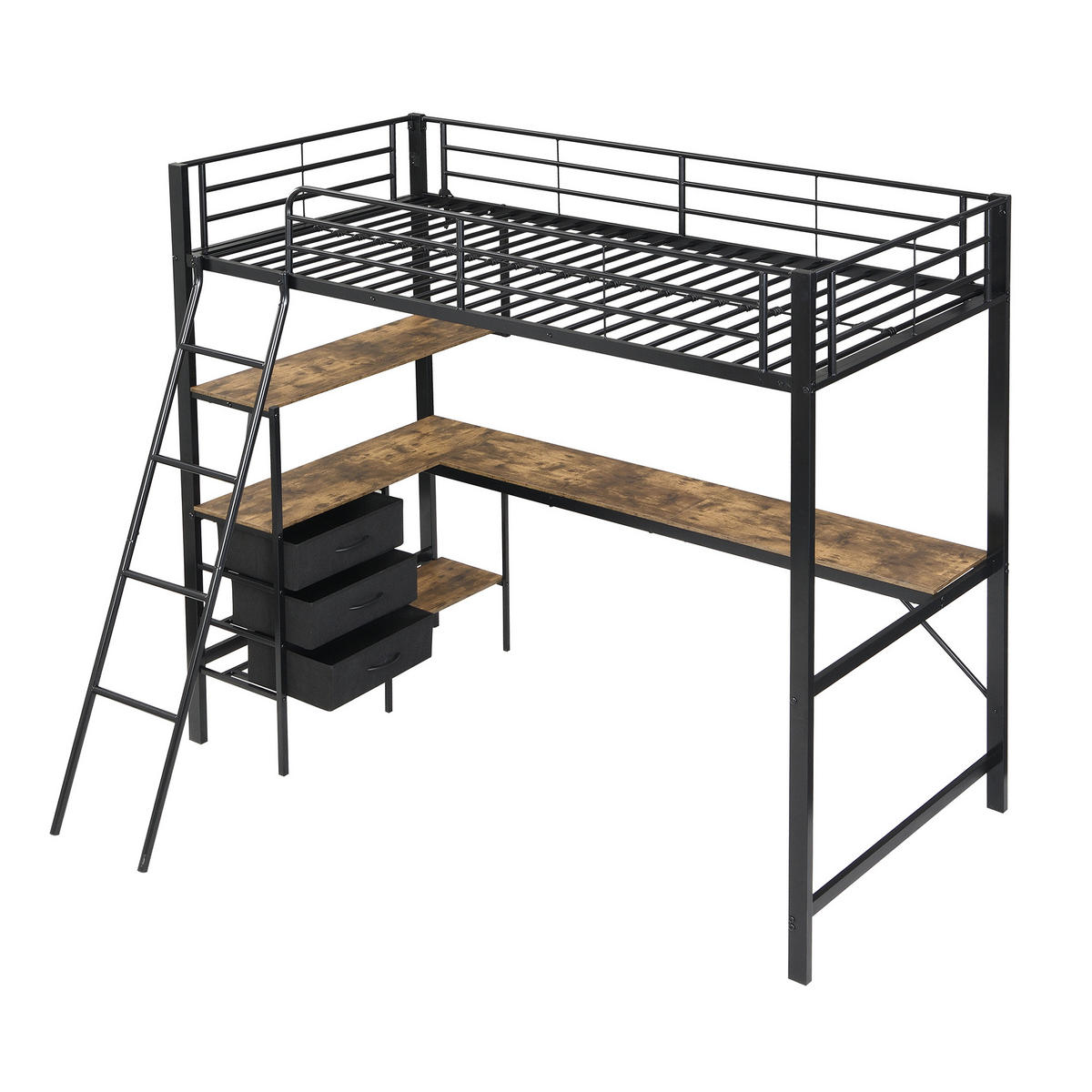 ETAGENBETT 90/200 cm in Schwarz & Dunkler Walnuss mit 3 Schubladen, Tisch und Regal - Schwarz, Holzwerkstoff/Metall (90/200cm) - CHICFURN