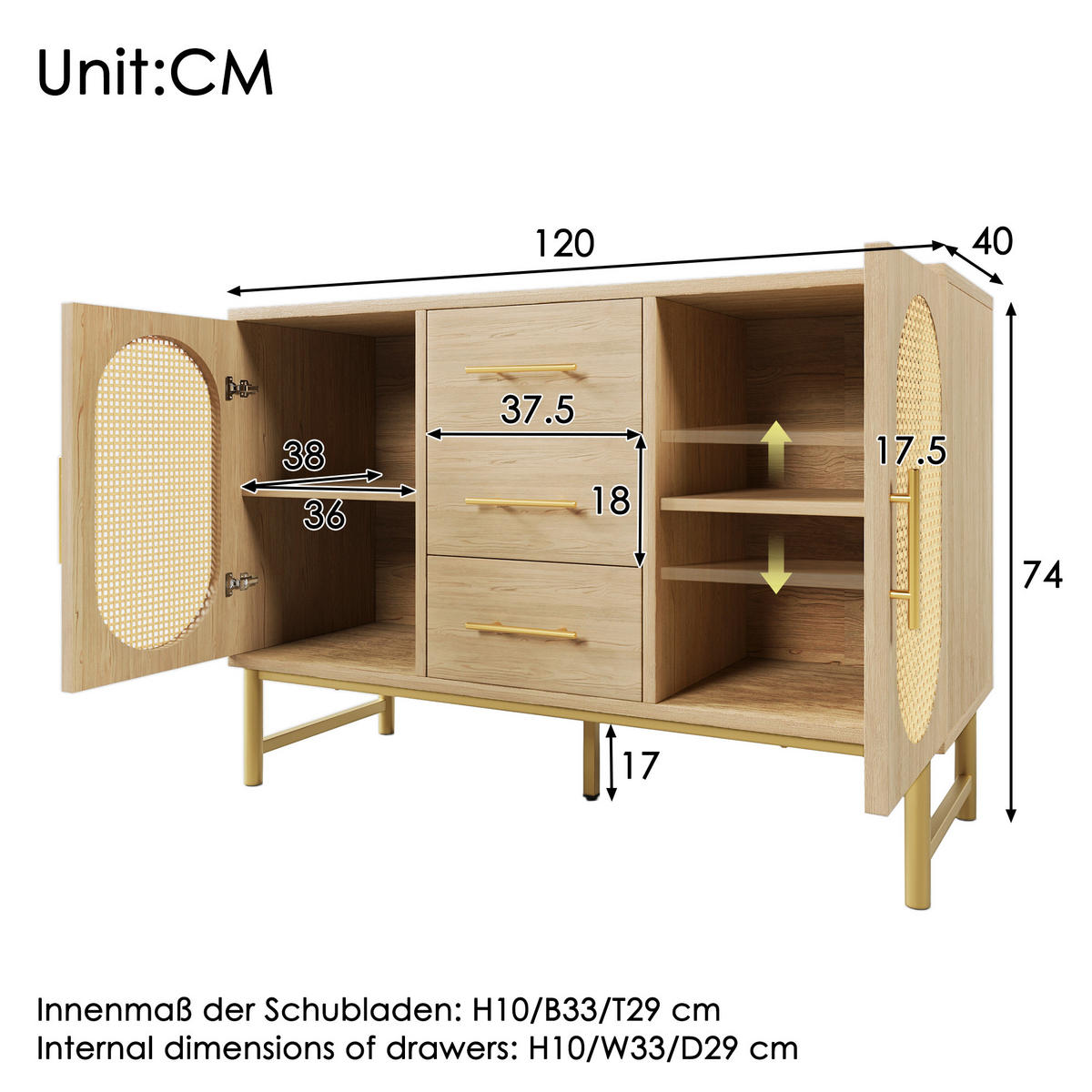 KOMMODE 120/40/74 cm mit 3 Schubladen und Rattanoptik - Eichefarben, Metall (120/74/40cm) - BEAOK