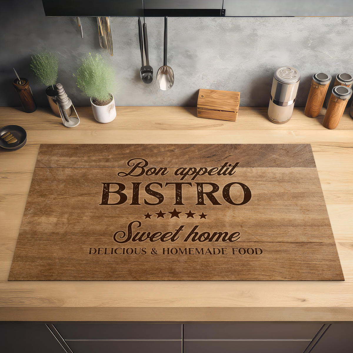 HERABDECKPLATTE - Zitat - Bistro - Guten Appetit - Süßes Zuhause - Holzmaserung - 90x50 - Braun, Kunststoff (90/50/0.2cm) - MuchoWow