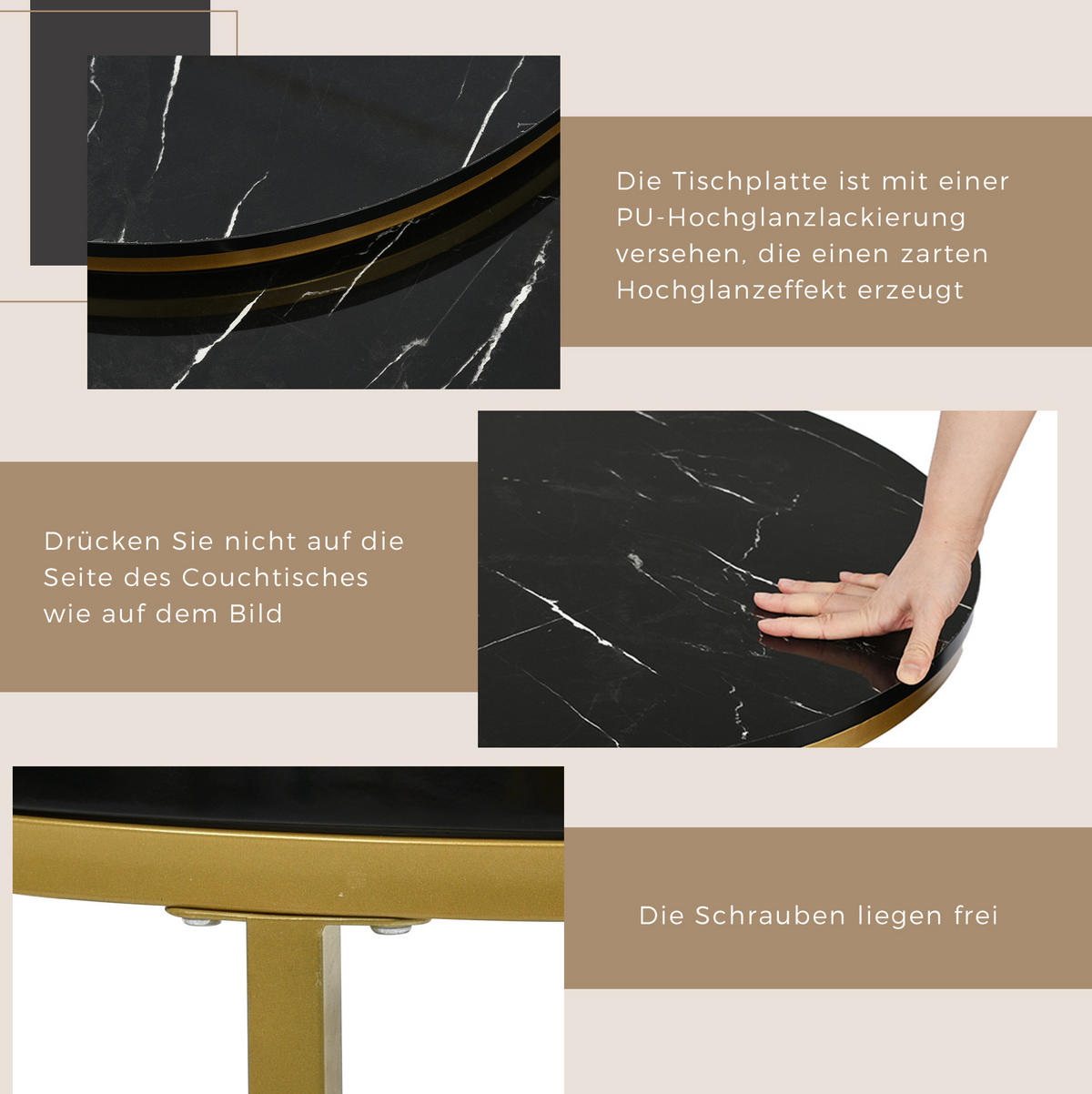 COUCHTISCH-SET 70/70/48 und 50/50/43,5 cm, rund, aus MDF mit Nesting-Design, Hochglanz-Marmormuster und Metallgestell, Schwarz - Schwarz, Holzwerkstoff (70/70/48cm) - Redom