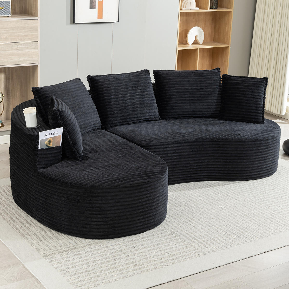 ECKSOFA Cord Schwarz mit Getränkehaltern, Seitentaschen und Kissen - Schwarz, Textil (250/152cm) - WISHDOR