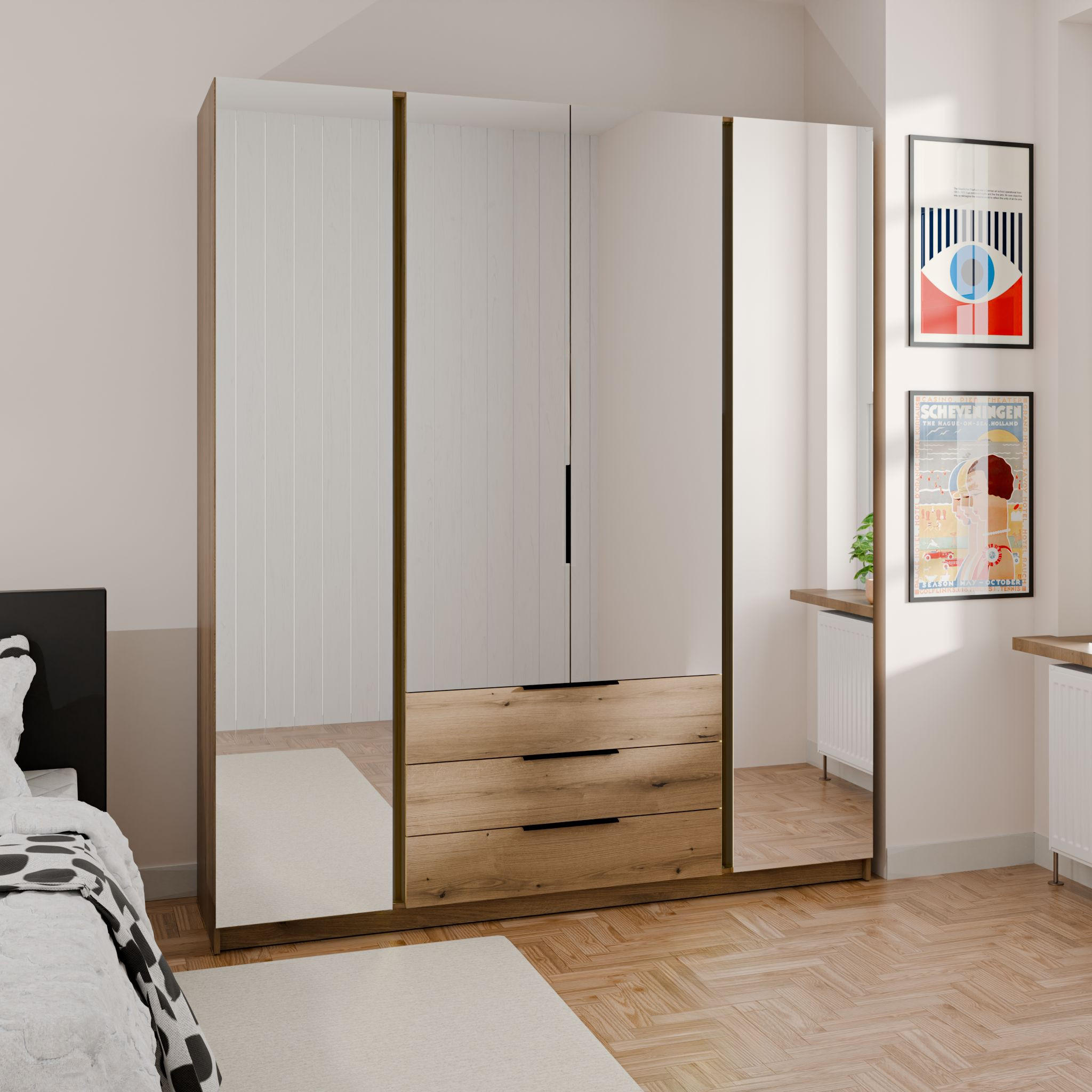 DREHTÜRENSCHRANK CAGLIARI 200/239/61,9cm 4-türig mit Spiegel Goldfarben - Goldfarben, Holzwerkstoff (200/239/61.9cm) - MASSENO